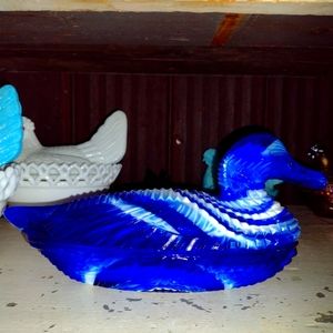 Vintage slag glass duck covered candy dish
